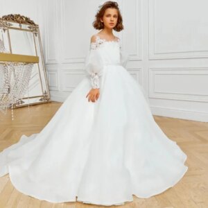 Flower Girl Dresses With Bow Long Sleeve For Wedding Birthday Evening Banquet Holy Communion Gowns Customized White Flowers
