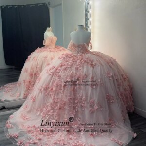 Elegant Ball Gown Quinceanera Dresses 3D Flower Beaded Lace Sequins Mexican Off Shoulder Birthday Sweet 16 Vestidos De 15 Años