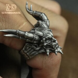 Horned Satanic 925 Silver Ring, Satanic Ring, Men’s Motorcycle Ring, Gift for Him-Craftsman made