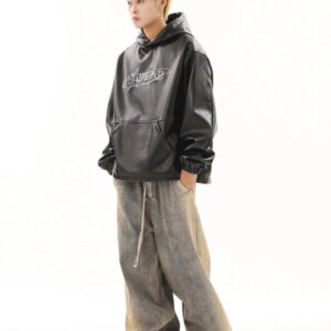 American Retro Style Drawstring Zipper Gradient Washed Old Loose Wide Leg Mop Cargo Jeans Men
