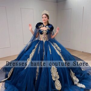 Mexico Royal Blue Quinceanera Dress Ball Gown 2025 With Cape Gold Applique Beading Sweet 16 Dress Customized Vestidos De 15 Años