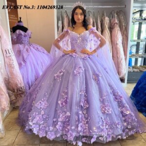 EVLAST Customized 2025 Lilac Quinceanera Dress Ball Gown Floral Applique Beading Cape Sweet 16 Dress Vestidos De 15 Anos E3Q545