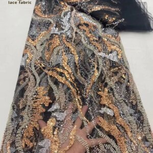 African Beaded Lace Fabric 2024 High Quality Lace 5 Yards for Wedding Party Dresses French Tulle Sequins Lace Fabric Nigerian