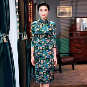 Cheongsam Qipao Women Dress Spring New High Quality Real Silk Three-Quarter Sleeve Plaid Improved Fashion