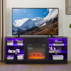 TV Electric Fireplace, 3D Fireplace Stand with LED Lights Wood USB Charging Outlet Television Table Center TV up to 62″ Black