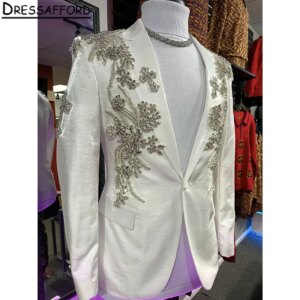 White Men Suits Two Pieces Appliques Beading Evening Party Blazer Groom Wear ( Jacket + Pants )