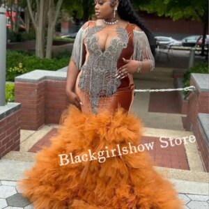 Tan Lace Mermaid Evening For Black Girls Sexy Crystal Beaded Tassel Appliques Customised Party Queen Dresses robe de soirée