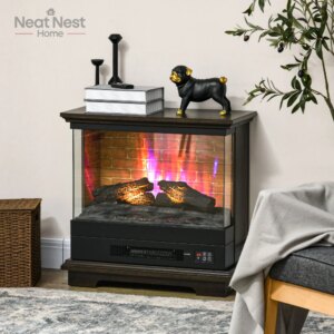 27-Inch Electric Fireplace Heater, No Assembly Required – 7 Adjustable Flame Effects, Overheating Protection, 1400W , Brown