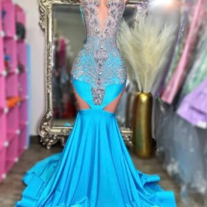 Blue African American Prom Dresses For Black Girls Mermaid Satin Beaded Crystals Elegant Robe De Soiree Evening Gown Customized