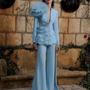 Luxury Crystals Women Suits Set 2 Pieces Blazer With Ruffles Tull Wide Leg Split Pants Designer Custom Made Party Prom Dress