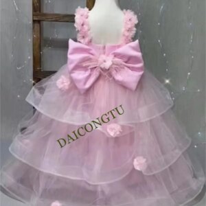 CustomizedNew Real Flower Girl Dress Pink Tulle Floral Ball Gown Princess Birthday Party Gown Wedding Kid Dress Big Bow Handmade