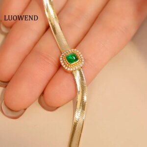 LUOWEND 18K Yellow Gold Necklace Fashion INS Style Natural Diamond Natural Swat Emerald Necklace for Women High Party Jewelry