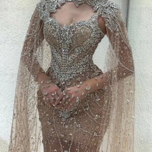 Illusion Long Cape Sleeve Champagne Prom Dresses Crystals Wedding Party Dress Chic Customized Evening Dress Robes De Soirée