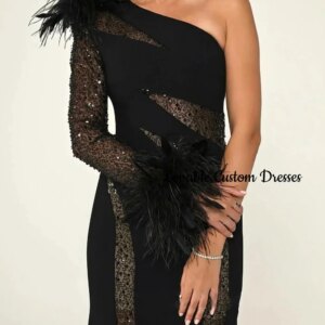 Customized فساتين سهرة Mermaid One-Shoulder Floor-Length Beadings Luxury Evening Dresses Long Sleeves Zipper Up Dresses