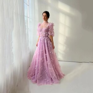 Customized Sequined Evening Dresses A-line High Neck Flowers Beading Sweep Train Bow Ribbon Prom Dress Bespoke Occasion Gown