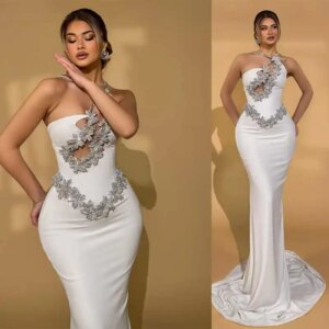 Sexy White Mermaid Evening Dress Halter Neck Sleeveless Crystal Beaded Prom Gowns Sheath Floor Length Party Dresses Customized