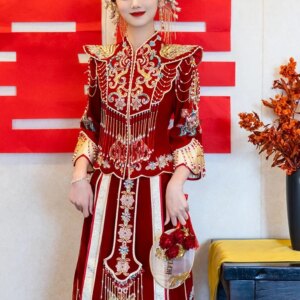 Women Bride Modest Exquisite Elegant Beaded Tassel Marriage Qipao Suit Chinese Velour Cheongsam Embroidery Wedding Dress