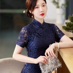 Ladies long slim-fit silk cheongsam runway banquet dress lace