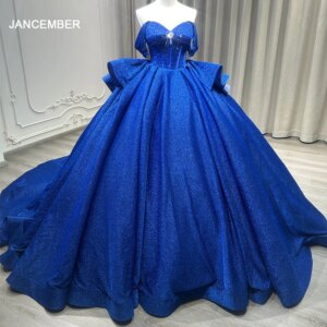 Blue Ball Gown Quinceanera Dresses Crystal Vestidos De 15 Anos Party Beaded Short Sleeves Cinderella 16 Birthday Princess Gowns
