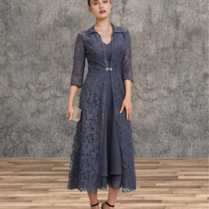 A-Line Mother of the Bride Dress Elegant V Neck Tea Length Chiffon Lace Sleeveless Jacket Dresses with Tier Solid Color 2024