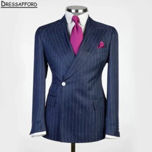 Navy Blue Formal Striped Wedding Suits Men’s Business Suit 2 Pieces (Jacket+Pants) Man Tuxedo Groom Wear