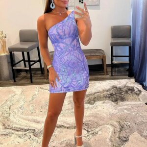 Sexy Club Gowns Mini Women’s Dress One Shoulder Short Homecoming Dresses for Teens Sparkly Sequin Tight Formal Cocktail Dress
