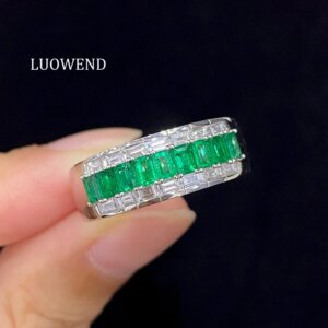 LUOWEND 100% 18K White Gold Rings Luxury Diamond Jewelry Natural Emerald Exquisite Gemstone Ring for Women High Anniversary Gift