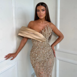 Gold Solid Long Prom Dresses Luxury Off Shoulder Mermaid Wedding Party Dress Aso Ebi Formal Evening Robe De Soirée Customized