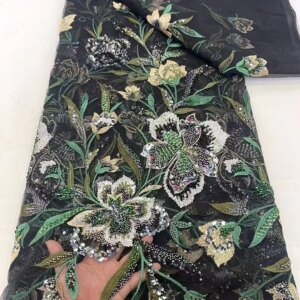 Elegant Lace Fabrics Black Luxury Beaded Embroidery African Sequin Lace Fabric 5 Yards High Quality 2024 Nigerian Wedding Q110-1