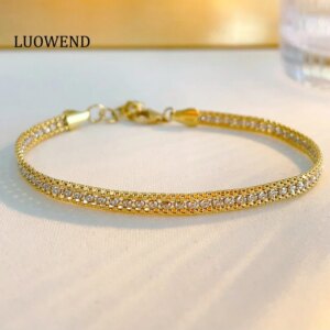 LUOWEND 100% 18K White+Yellow Gold Bracelet Luxury Shiny Design Fashion Style Engagement Bracelet for Women High Party Jewelry