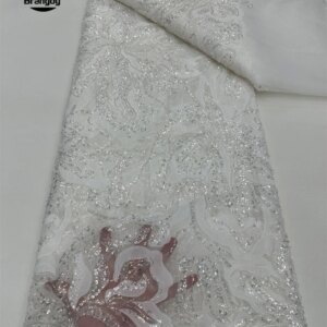 3D African Mesh Lace Fabric Dubai Tulle Lace Fabric 2025 High Quality French Sequin Lace Fabric Bridal Party Dress Sewn 5 Yards