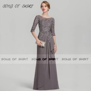Customized Grey Mermaid Long Mother Of Bride Dresses Lace Chiffon O Neck Mom Wedding Guests Evening Formal Gown Robe De Soirée F
