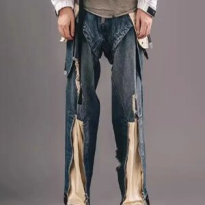 High Street Niche Design 3d Cutting Stitching Ripped Jeans Male and Female Trendy Brand Artistic Style Baggy Straight Trousers