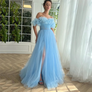 Vintage Blue Long Off the Shoulder Tulle Prom Dresses Short Sleeves with Flowers A Line Slit Floor Length Vestidos De Fiesta