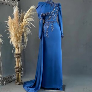 Aso Ebi Women Long Sleeves Beaded Evening Dress Blue 3D Floral Appliques Muslim Dubai Wedding Party Gowns 2024 vestidos de gala
