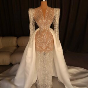 Ivory Long Sleeve Mermaid Wedding Crystal Beaded Prom Party Dress Illusion V Neck Engagement Party Dress Customized 2025