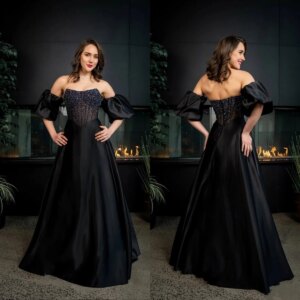 A Line Black Evening Dresses for Women Beading Off Shoulder Vestidos de Gala Stain Sleeveless Customized Formal Prom Gowns