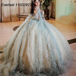 EVLAST Customized Glitter Green Ball Gown Quinceanera Dress 3D Floral Appliques Beaded Cape Sweet 15 Vestido De 15 Anos TQD574