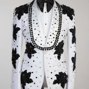 White Pearls Beading Crystal Evening Party Men Suits Black Appliques Lace Two Pieces Blazer Groom Wear ( Jacket + Pants )