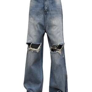 High Street Hip Hop Wash Ripped Vintage Silhouette loose-legged Tattered Made Old Whisker Jeans