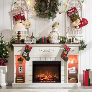 Farmhouse Electric Fireplace Mantel TV Stand LED Lighting Colors 23” Portable Wood Design Peace of Mind Setup 54″ Classic