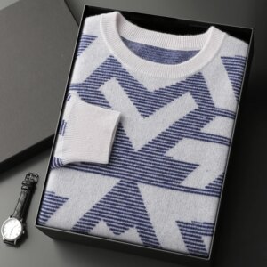New Chic Men’s 100% Cashmere Sweater O-neck Jacquard Long Sleeve Pullover Autumn Winter Thick Cashmere Knitwear Smart Casual Top