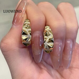 LUOWEND 100% 18K Yellow Gold Earrings Fashion Design 0.37carat Real Natural Diamond Hoop Earrings for Women High Party Jewelry
