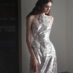 Silver Prom Dresses Flower Sequins Shiny French Style Strapless Split Backless Mermaid Floor Length Party Evening Gowns New