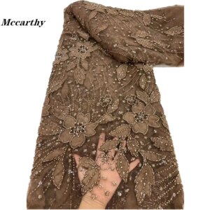 Mccarthy African Heavy Bead Lace Fabric 2024 High Quality Nigerian Sequins French Tulle Fabric Material For Wedding Party