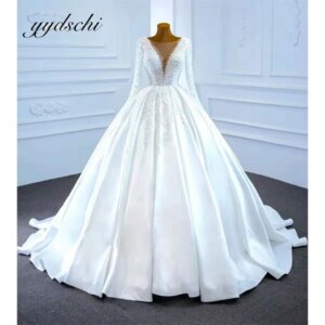 Elegant O-Neck Satin Pearl Illusion Ball Gown Simple Wedding Dresses For Women 2025 Sweep Train Bride Gown vestidos de novia