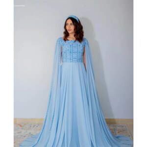 Contessa Dubai Customized Chiffon Square Collar Shawl Prom Dresses Blue A-line Evening Dresses Floor-length Party Dresses 2025