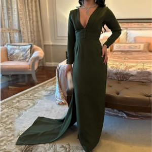 Customized Straight Mermaid Prom Dresses Floor-Length V-Neck Full Sleeve Evening Gown Fashion Pleat Button Cocktail Party Gown