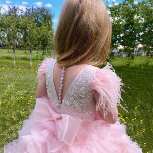 MisShow Pink Baby Girl Birthday Dress Glitter Sparkly Beads Feathers Bow Evening Party Fluffy Flower Girl Kid Toddler Customized