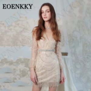 Short Luxury Prom Dress Mermaid Sexy Saudi Arabia V Neck Crystal Mini Cocktail Dress Party Pearl Long Sleeve فساتين حفلة موسيقية
